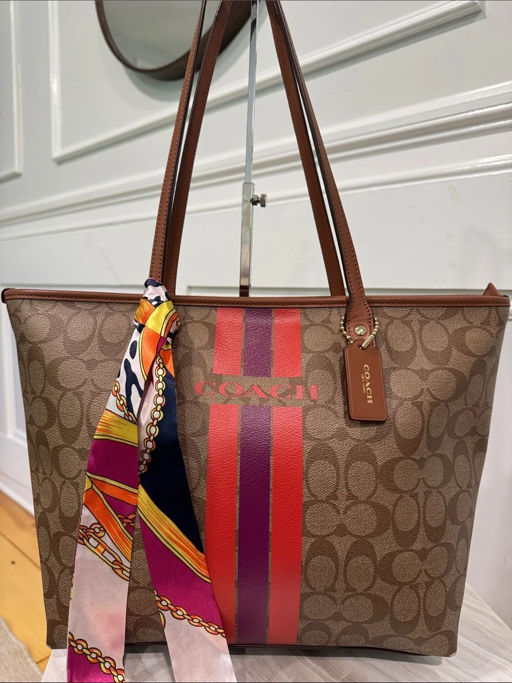 Coach Bag Signature Varsity City Zip Brown Tote with Logo Signature Stripe